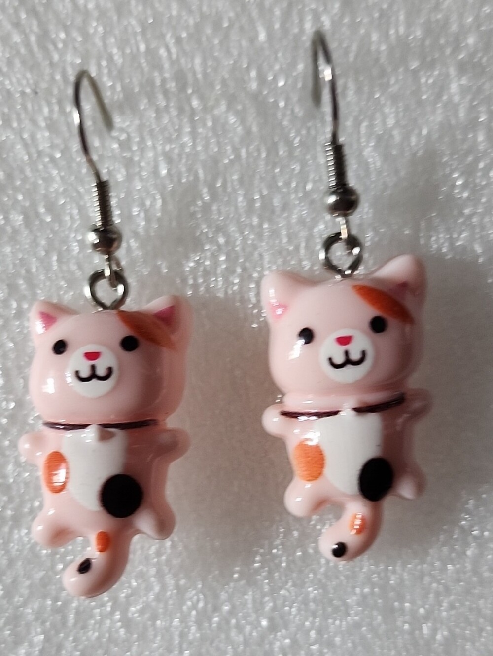 Hand Crafted Pink Calico Cat Dangle Earrings